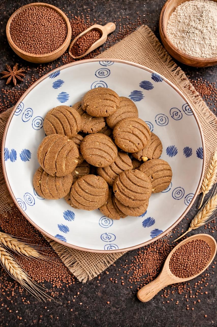 Fresh ragi cookies cooling on a tray