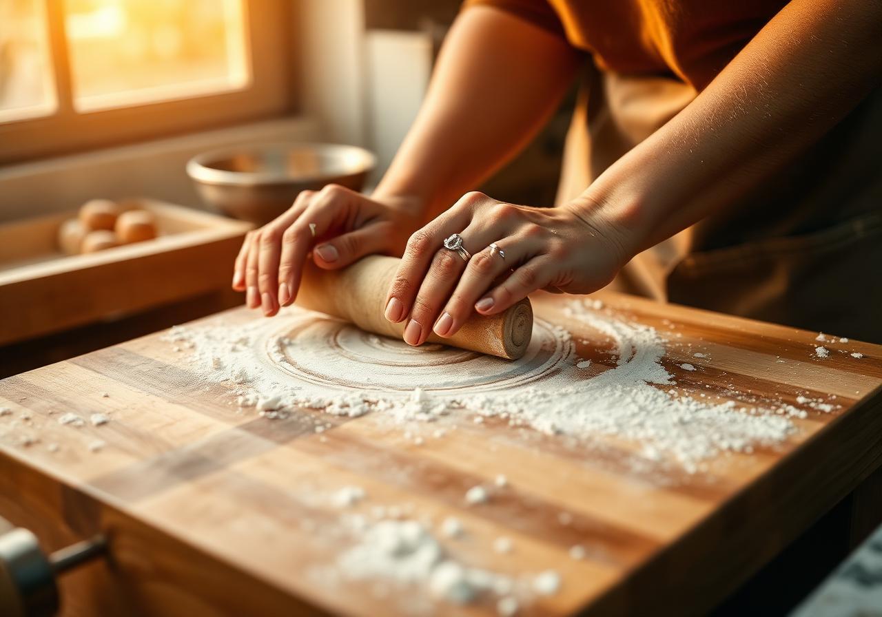 A baker rolling out cookie dough on a flour-dusted wooden butcher block